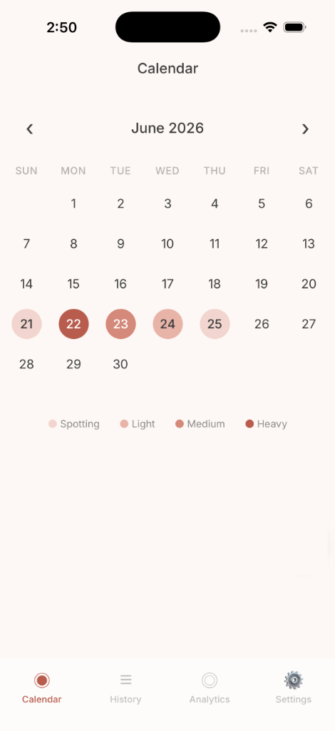 Full Moon Flow calendar view showing daily flow intensity logging for June 2026